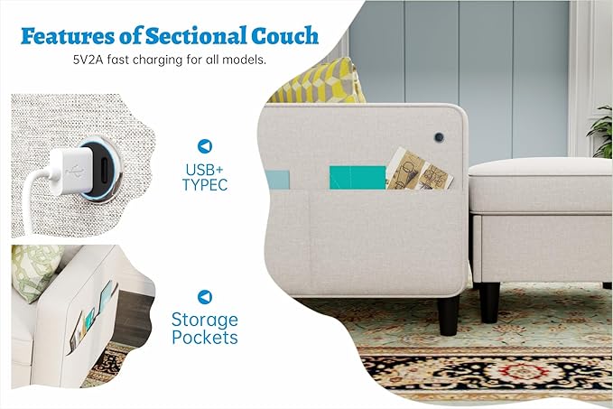 Sectional Sofas Couches for Living Room 78 L-Shaped Couch - Modern Linen Beige Sofa with Storage Ottoman USB for Apartments Studios &amp Home Offices Small Space