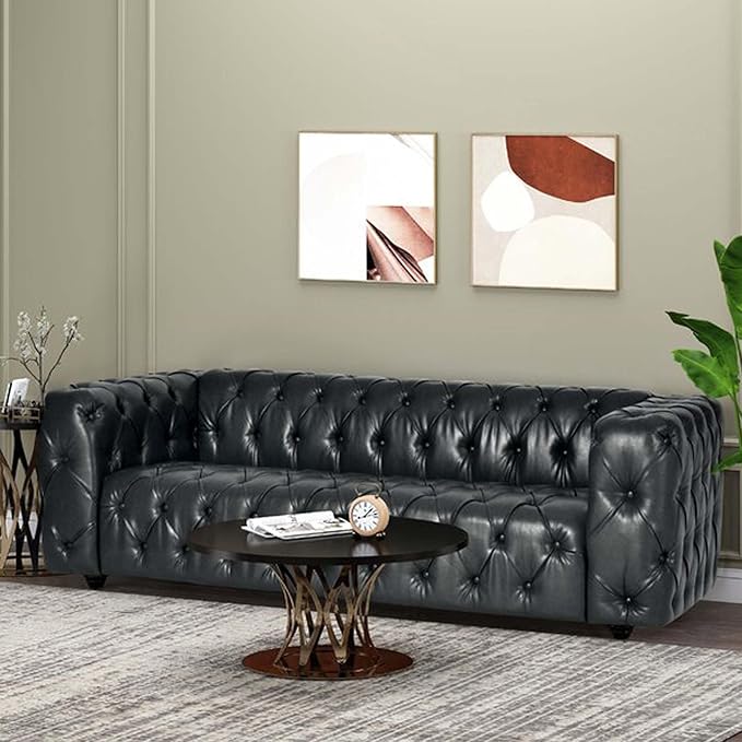 83.5 Upholstered Chesterfield Couch Modern 3 Seater Sofa with Tufted Back and Square Arms Wood Leg Nailhead Sofa for Living Room/Office/Apartment/Small Space PU Leather Black