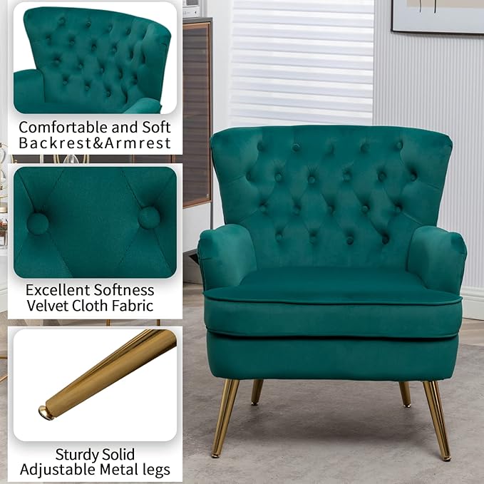 Living Room Chairs Button Tufted Accent Chairs Comfy Bedroom Chair Velvet Side Sitting Chairs Modern Fabric Sofa Slipper Chair for Reading Dark Green