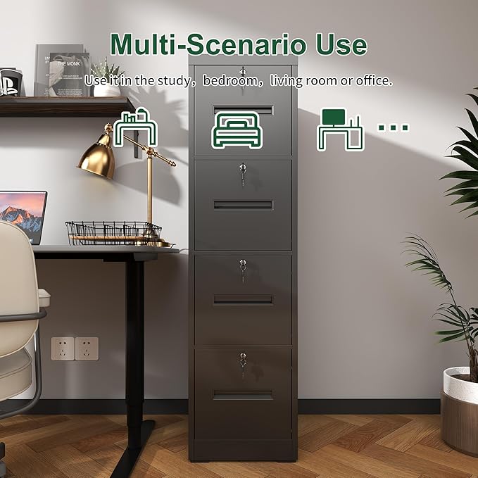 4 Drawer Metal Vertical File Cabinet with Locking Drawers for Home OfficeUnder Desk Storage Small Filing Cabinet OrganizerLetter/Legal/A4/F4 SizeAssemble RequiredBlack-4Drawer-C