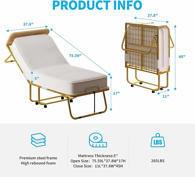 PUREMIND Folding Bed with 5' Mattress &amp Baffles Twin Size 75”x 38” Portable Rollaway Beds for Adults Fold up Bed with Metal Frame Space-Saving Guest Beds for Living Room/Apartment/Office