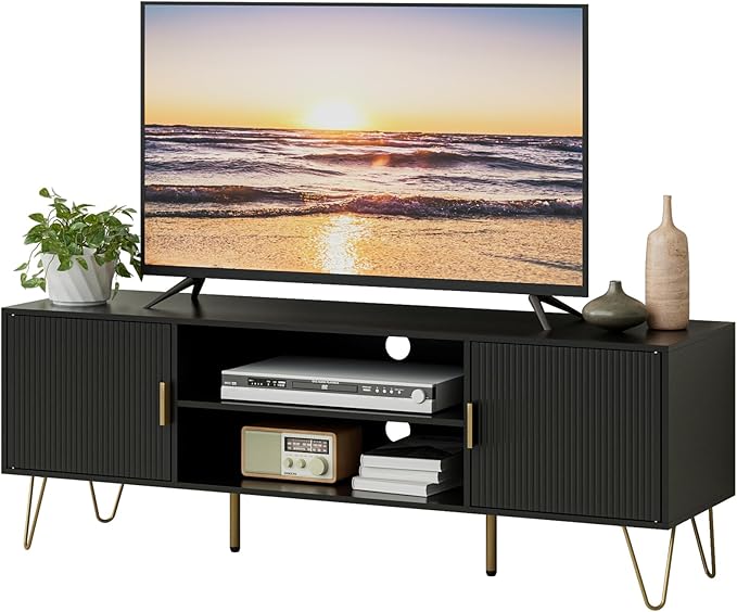 TV Stand for 55-65 inch TV Entertainment Center with Soft Hinge DoorTV Console Table with 2 Cabinets with Gold Handle and Feetfor Living Room Bedroom Black