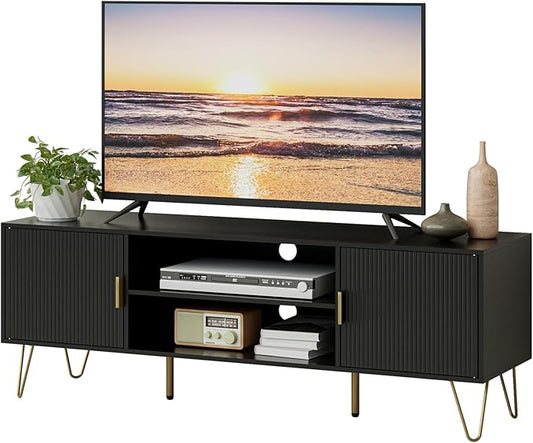 TV Stand for 55-65 inch TV Entertainment Center with Soft Hinge DoorTV Console Table with 2 Cabinets with Gold Handle and Feetfor Living Room Bedroom Black