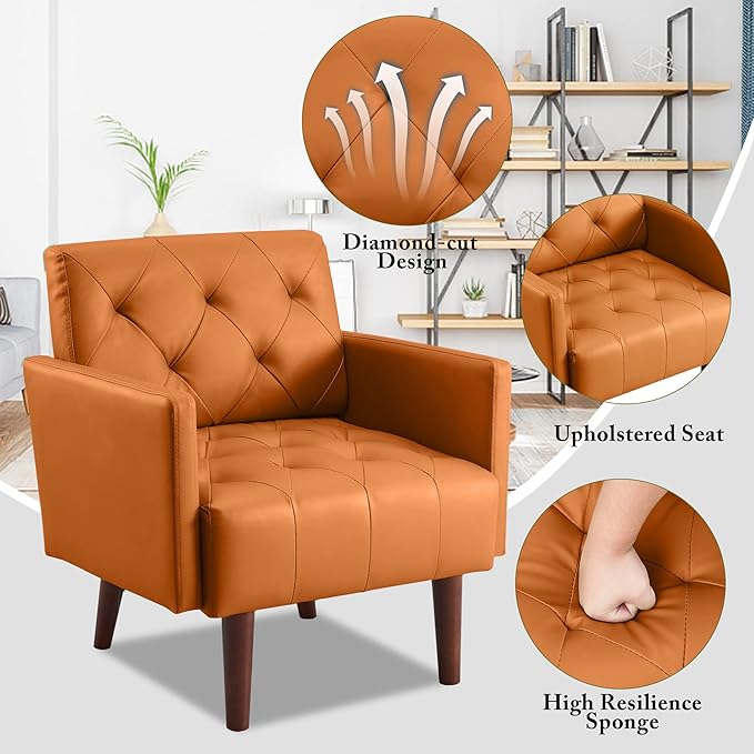 Faux Leather Accent Chair Modern PU Armchair Retro Tufted Upholstered Arm Chair Comfy Leather Club Chair Single Sofa for Living Room Bedroom Reading Room Apartment (Orange)