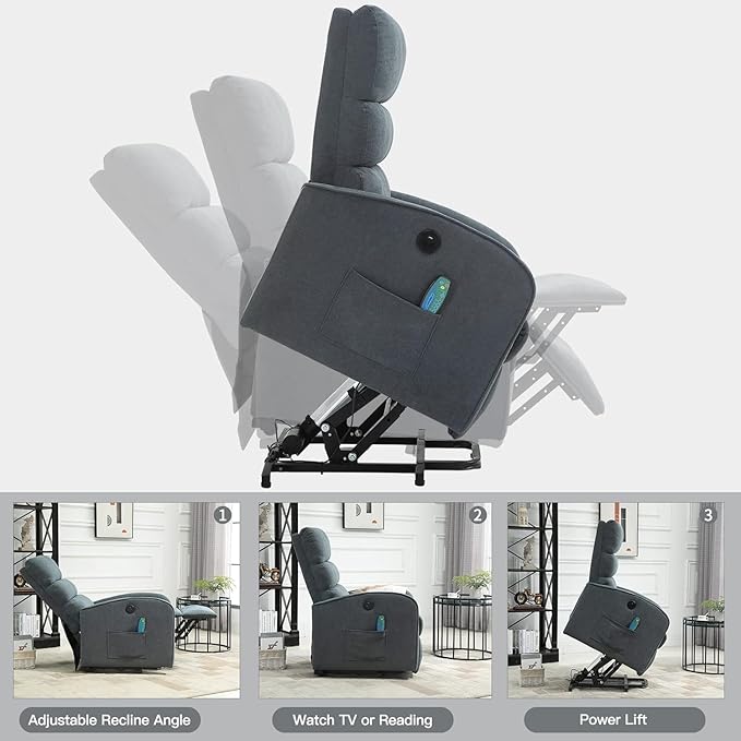 AVAWING Power Lift Chair with Heat and Massage for Elderly Fabric Electric Recliner Chair with Remote Control Side Pocket and USB Port for Living Room &amp Bedroom Grey