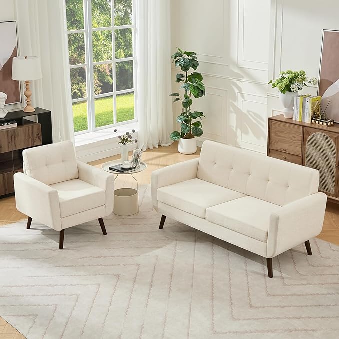 Tbfit Mid Century Modern Sofa Couch Beige Loveseat &amp Accent Chair | linen fabric button tufted solid wood foot pocket spring wood slats frame