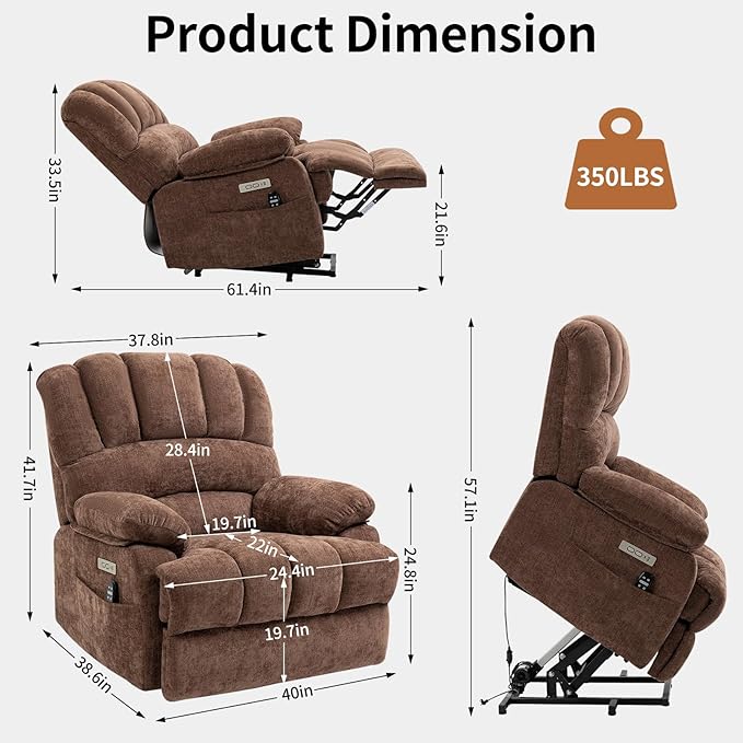 Power Recliner with Vibration Massage &amp Lumbar Heat Electric Lift Chairs for Elderly High Back Reclining Max 155 Degree with Charging Ports Chenille Fabric Brown