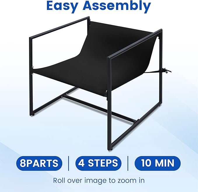 Kromax Sling Accent Chair Set of 2 Cozy Living Room Chairs Square Metal Frame Upholstered Soft Cushion Sponge 28 x28“x32 Easy Assembly Black