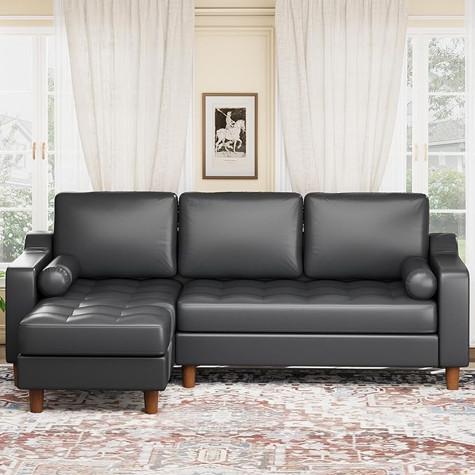 GarveeHome 88.9 L-Shape Couch with Convertible Chaise Sectional Sofa with Deep Seat Modern Mid-Century Leather Sofa for Living Room 3 Seat Comfy Leather Couch Black