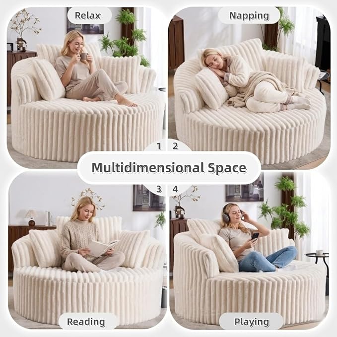 Oversized Upholstered Chaise Lounge Chair Indoor Corduroy Deep Seat Accent Chair Plush Boneless Barrel Sofa Chair for Living Room Bedroom Apartment (Beige 57 Inch)