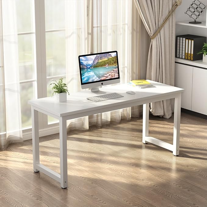 Tribesigns Computer Desk 55 inch Large Office Desk Computer Table Study Writing Desk for Home Office White + White Leg
