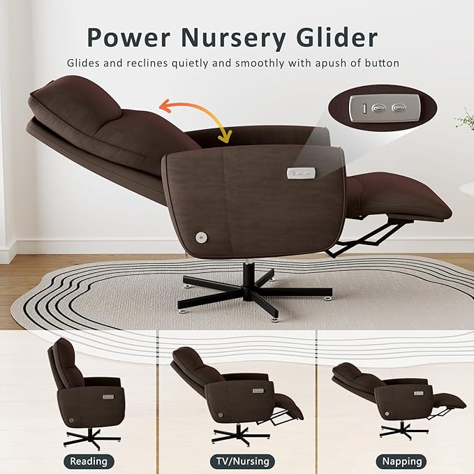 Power Swivel Recliner Chair Modern Electric with USB &amp Type-C Ports Upholstered Velvet Swivel Recliner Chair 360° Swivel for Office &amp Living Room Easy Assembly (Coffee)