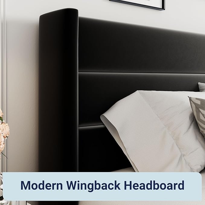 Allewie Full Size Velvet Lift Up Storage Bed Modern Wingback Headboard Hydraulic Support No Box Spring Needed Black