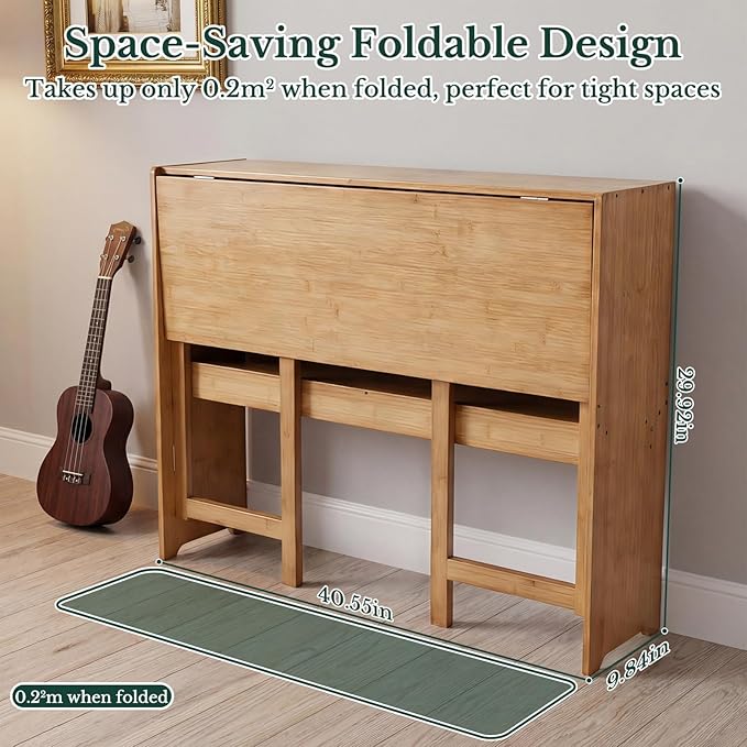 41'' Bamboo Folding Desk with Bookshelf – Space-Saving Computer Desk for Small Spaces Foldable Study Table Mid Century Modern for Home Office &amp Bedroom - Primary Color
