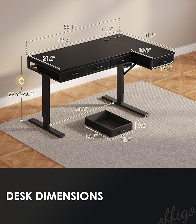 OffiGo 55 Inch L Shaped Electric Standing Desk with Drawers Height Adjustable Large Desk with Power Outlets Sit Stand Table Writing Computer Desk for Home Office Workstation Black