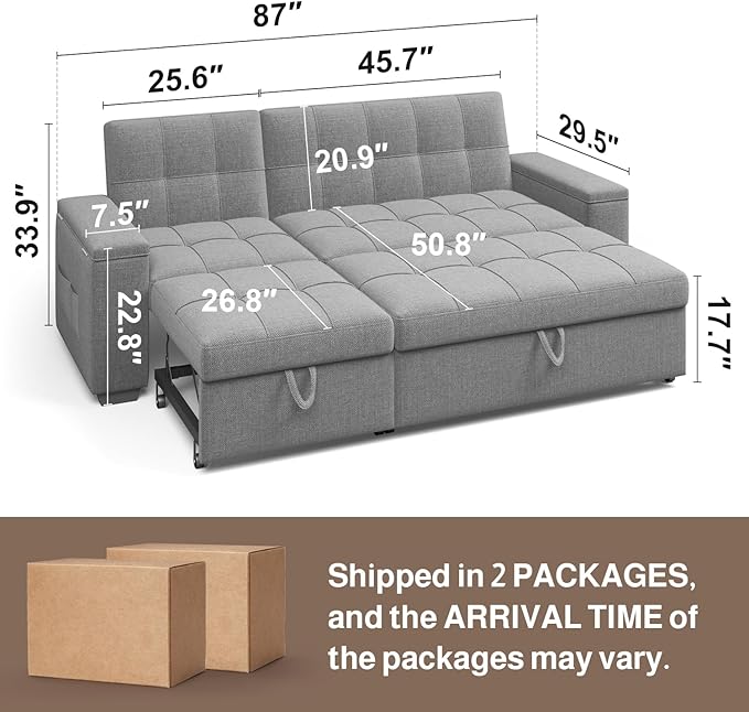 Ahomly 87 Convertible Sofa Bed – Space-Saving Sleeper with Pull-Out Design Adjustable Backrest Wide Armrests with Storage Plush Cushions Cozy for Small Spaces (Light Grey)