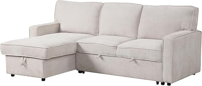 LUMISOL 89 Convertible Sleeper Sofa Bed Modern L-Shaped Sectional Sofa Pull Out Couch with Chaise Chenille Sofa Bed with Cup Holder USB Ports for Living Room Small Apartment Beige
