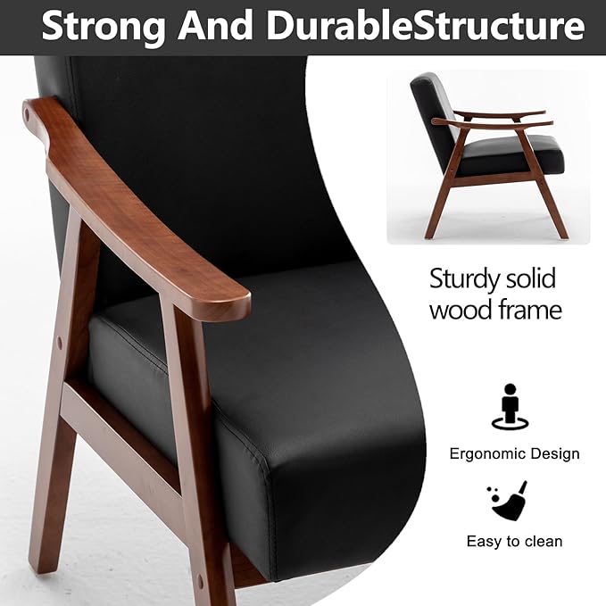 Fefances Mid-Century Modern Accent Chair - Solid Wood Frame Ultra-Thick Backrest Wingback Design Perfect for Bedroom &amp Indoor Lounge AreaBlack