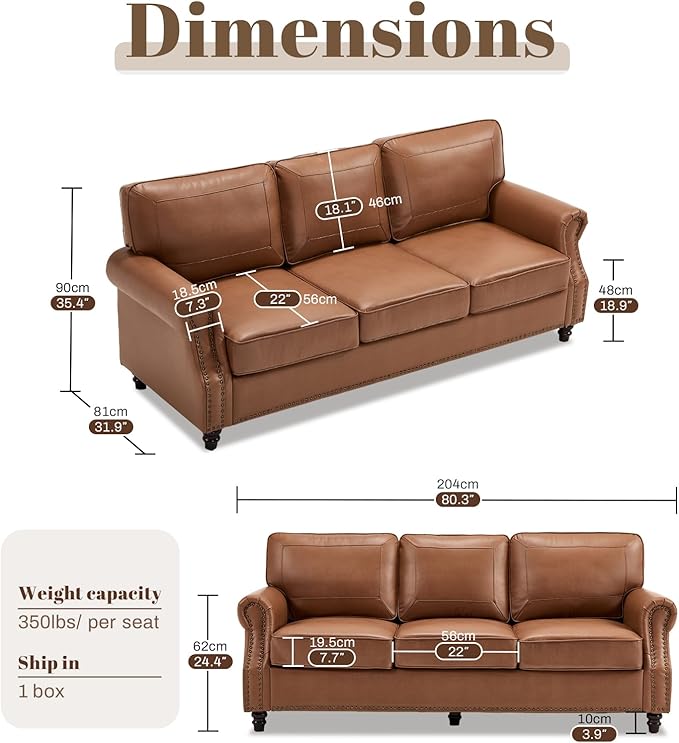 WILLOVE 79'' Faux Leather Sofa Classic 3 Seater Leather Couch with Rolled Arm and Nailhead Trim Mid-Century Modern Couch for Living Room Apartment Easy to Install Brown