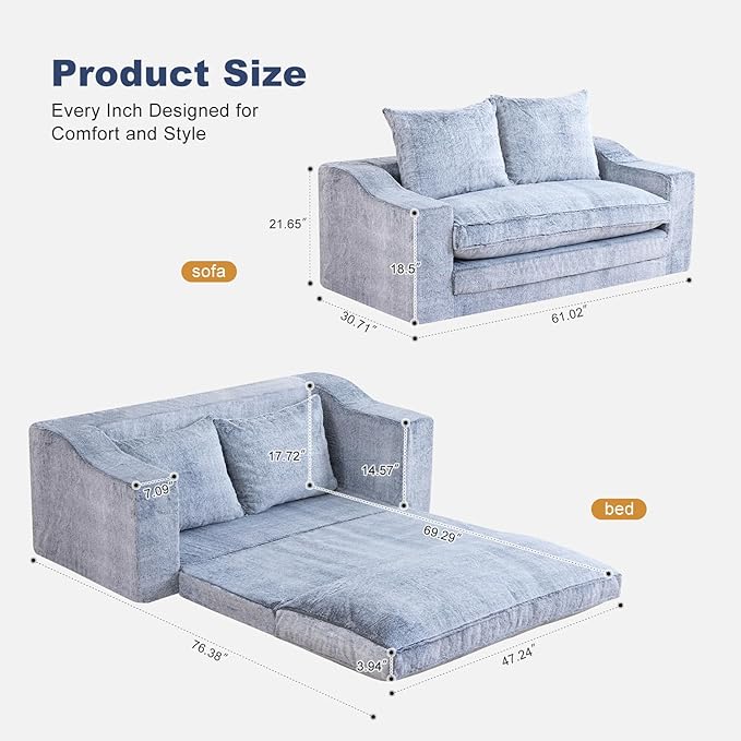 Loveseat Oversized Folding Sofa Bed Convertible Sleeper Chair Bed with Pillows &amp Wide Armrest Comfortable Floor Couch for Living Room &amp Bedroom(Fur Grey) | Foldable