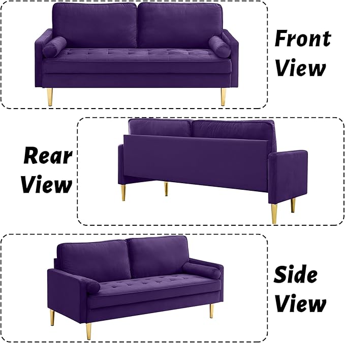 65 Inch Purple Velvet Couch Small Loveseat Sofa &amp Office Sofa for Small Space Smalls Couch for Bedroom Livingroom 2 Pillows Gold Legs Tufted Seat (Purple)
