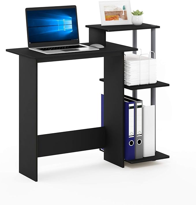 Furinno EFFICIENT Desk 28.6 Wide Gaming Desk with 3 Open Side Shelves Laptop Notebook Computer Desk Office Desk for Home Office Study Room Dorm Bedroom Solid Black