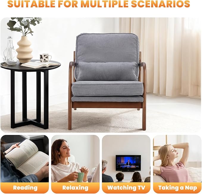 DUMOS Accent Chairs Set of 2Mid Century Modern Chair with Arms and Waist Cushion Reading Chairs for Adults Lounge Chair for Living Room and Bedroom Solid Wooden FrameClassic Grey