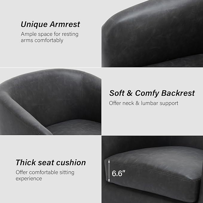 Swivel Barrel Chair Modern Round PU Leather Accent Armchair for Living Room Bedroom Oversized Comfy Club Reading Chairs for Adults (Leather Black Grey Set of 1)