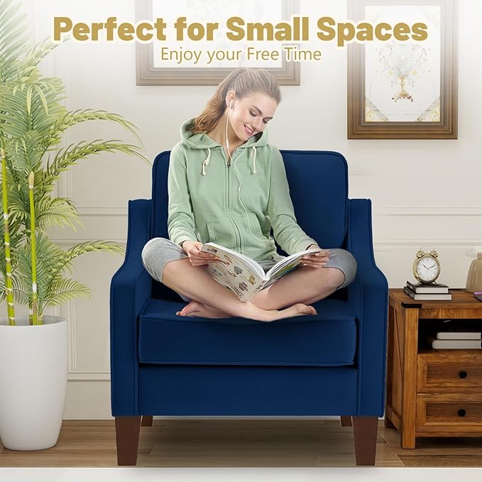 Modern Accent Chair Velvet Upholstered Single Sofa Chair with Wooden Legs Comfy Arm Chair for Living Room Bedroom Navy