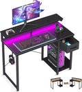 AODK Gaming Desk with LED Lights 40 Inch Computer Desk with Drawers Reversible Small Desk with Monitor Stand &amp Headphone Hook for Home Bedroom Black