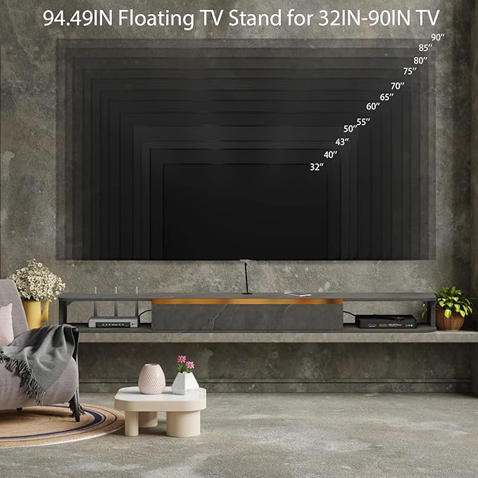 Floating TV Stand 95'' Wall Mounted Entertainment Center TV Media Console Floating Shelves with Door Floating TV Cabinet Large Storage TV Bench for Living Room (Dark Grey 94.49IN)