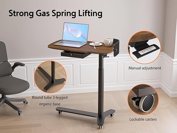 KINGSMITH Height Adjustable Mobile Standing Desk with 360° Swivel Casters 28-43 Pneumatic Rolling Desk with Storage Drawer Perfect for Home Office Bedroom Living Room Dark Walnut