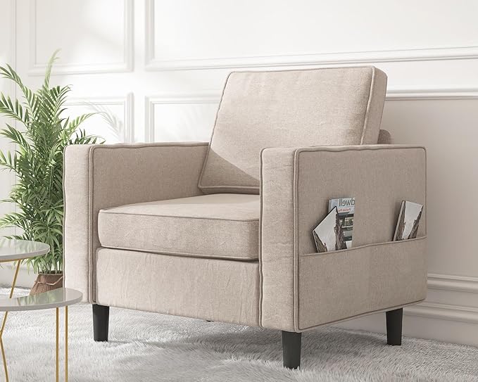 Mjkone Armchair Accent Chair with Storage Pockets Modern Single Sofa Chair for Living Room Apartment Small Spaces Bedroom - Beige