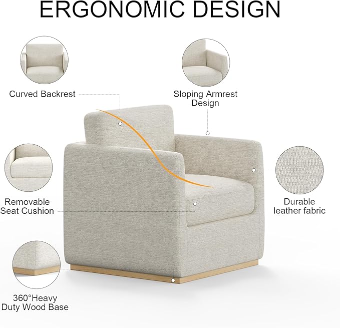 Swivel Barrel Chair Premium Comfy Round Accent Chair for Living Room Mid Century Modern Reading Chair for Adults Wingback Armchair for Small Spaces Bedroom Side Chairs for Home/Office/Ivory White