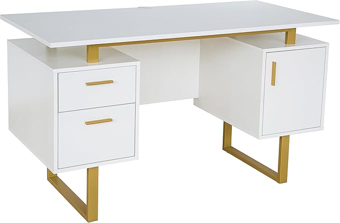 Techni Mobili Storage Drawers and Cabinet 51.25” W-Modern Office Large Floating Desktop Surface Desk 23.6 D x 51.2 W x 29.8 H White/Gold