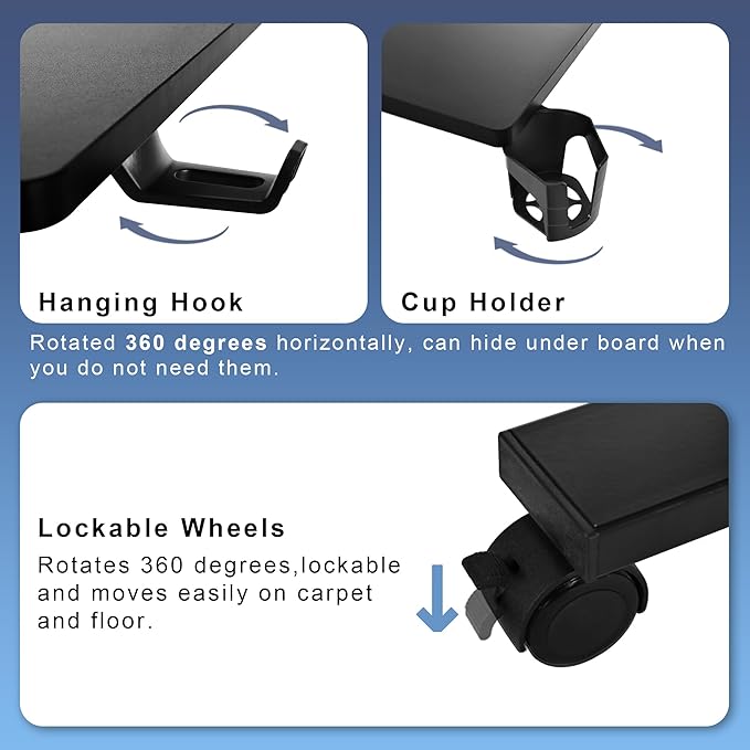 Electric Overbed Table with Wheels Height Adjustable Bedside Sofa Recliner Side Tables C Shaped Rolling Standing Small Laptop Desk for Home Office Black
