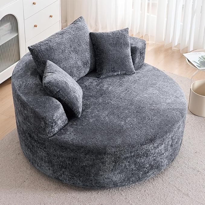 KEIKI Oversized 360 Degree Swivel Chair Large Barrel Chairs Upholstered Round Swivel Chair Chenille Single Sofa Armchair Sleeper Chair for Living Room Lounge Gray