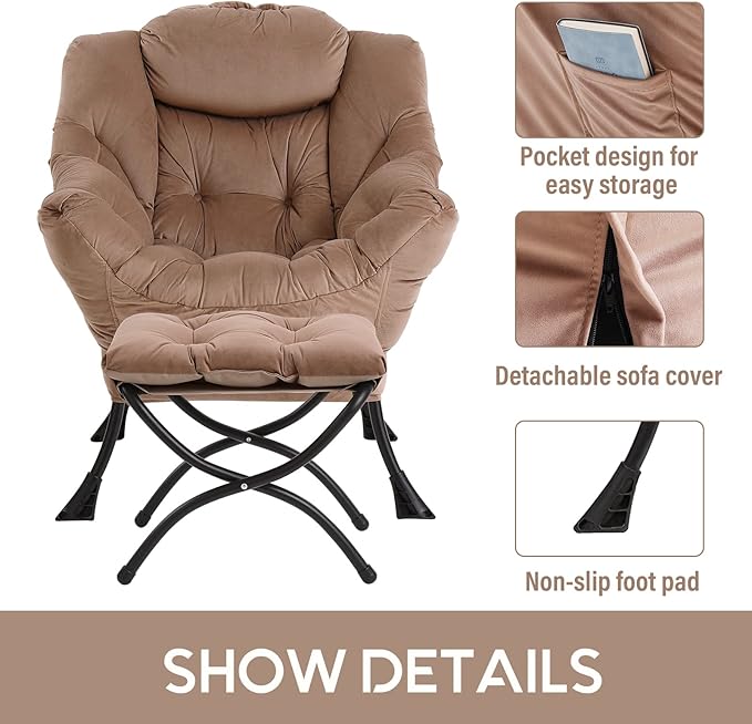 LITA Lazy Chair with Ottoman Modern Accent Leisure Upholstered Sofa Chair Contemporary Lounge Reading Chairs with Armrests and a Side Pocket for Living Room Bedroom &amp Small Space Dark Brown