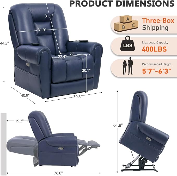 EONIX Four Motor Lay Flat Power Lift Recliner Chair for Elderly 400lbs Electirc Lift Chair for Living Room Independent Adjustable Lumbar Support &amp Headrest Extended Footrest Navy Blue