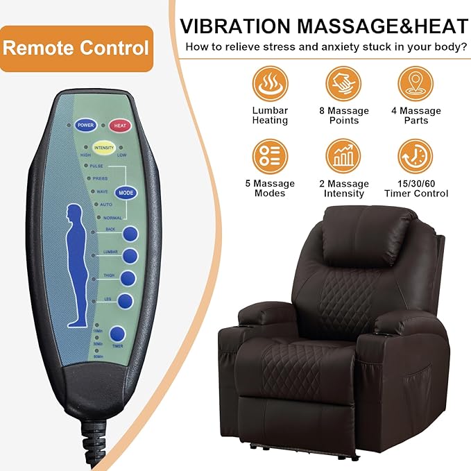 AHMED Power Recliner Chair with Vibration Massage &amp Heat for Adults Faux Leather Home Theater Seating with Cup Holders/LED Lights/USB Ports/Side Pockets for Living Room Brown