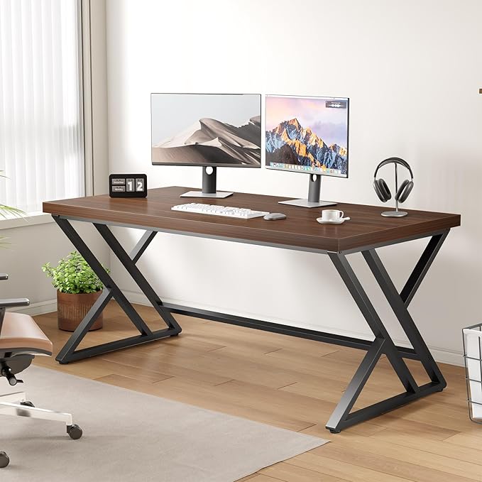 LVB Wood Computer Desk Rustic Executive Home Office Desk for Bedroom Industrial Metal Wooden Computer Table for Study Writing Work Modern PC Student Simple Gaming Desk with Storage 55 Inch Walnut