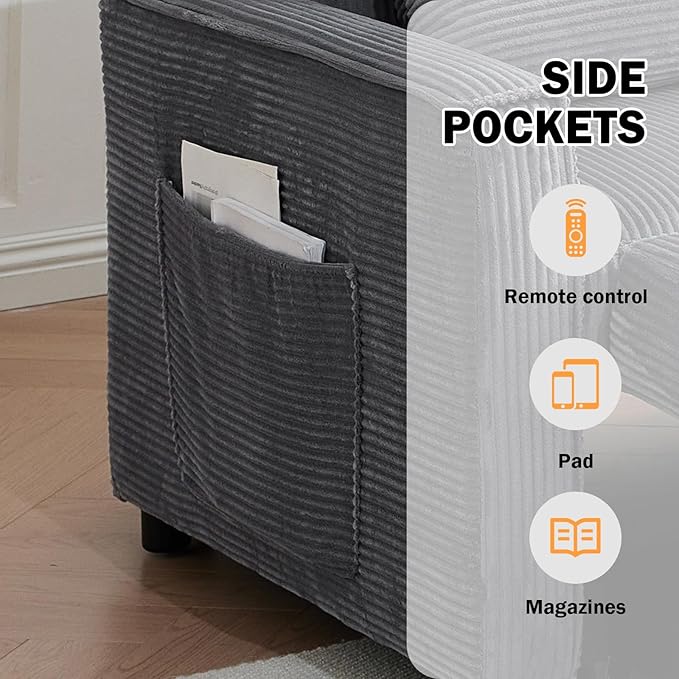 55.51 Sleeper Sofa BedPull Out Couch with Side Pockets3 in 1 Corduroy Fabric Loveseat Sleeper SofaPull Out Sofa Bed with Adjustable Backrest for Living Room Bedroom Apartment（Gray）