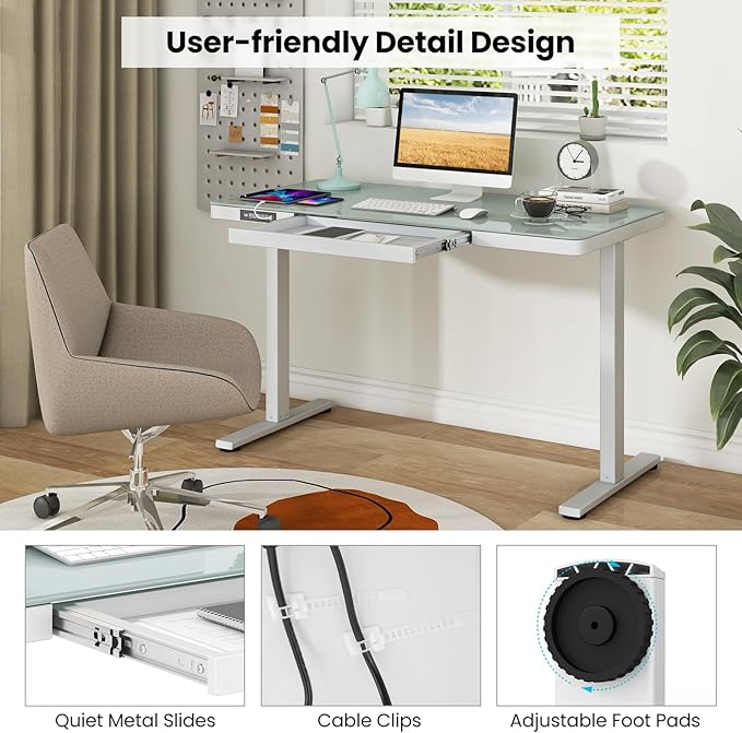 Tangkula Glass Standing Desk with Drawer 48” x 24” Height Adjustable Electric Stand Up Desk with Tempered Glass Top Sit Stand Desk with Memory Positions &amp USB Type-C Outlets for Home Office (Bla
