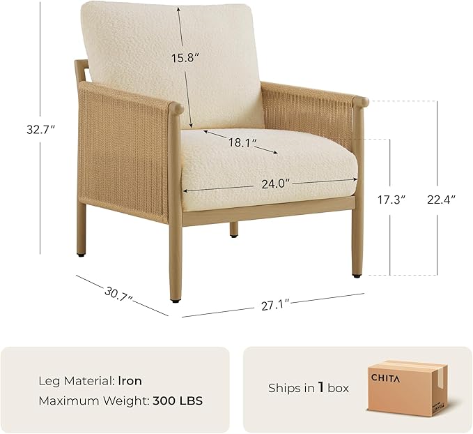 CHITA Braid Accent Chairs Modern Armchair with Wood-Like Finish Metal Frame for Living Room and Bedroom Boho Reading Chair Cream