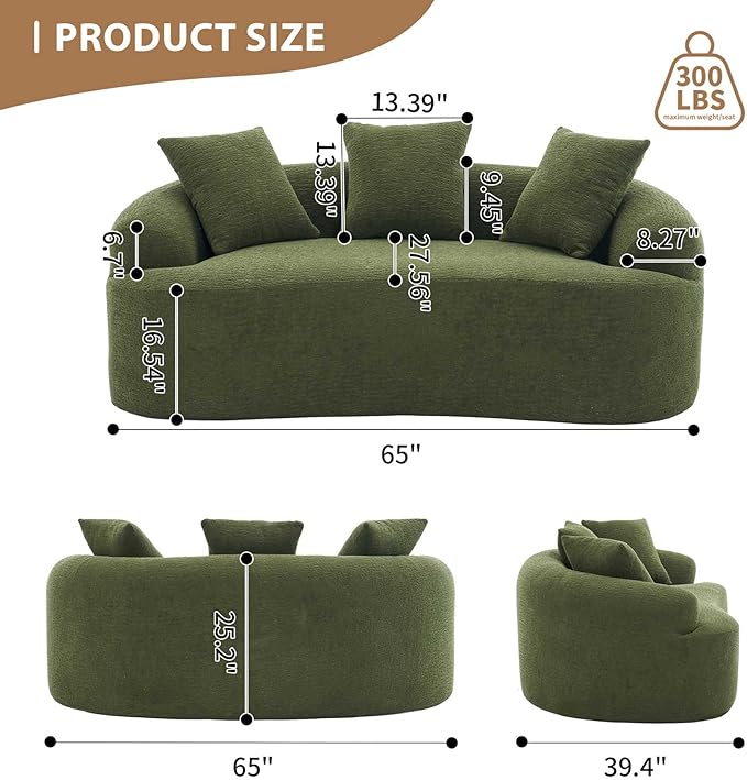 65” Green Curved Couch&amp Loveseat Sofa with 3 Pillows Compression Couch with Round Armrest Suitable for Small Space Bedroom Living Room Memory Foam Chenille No Assembly (Green)