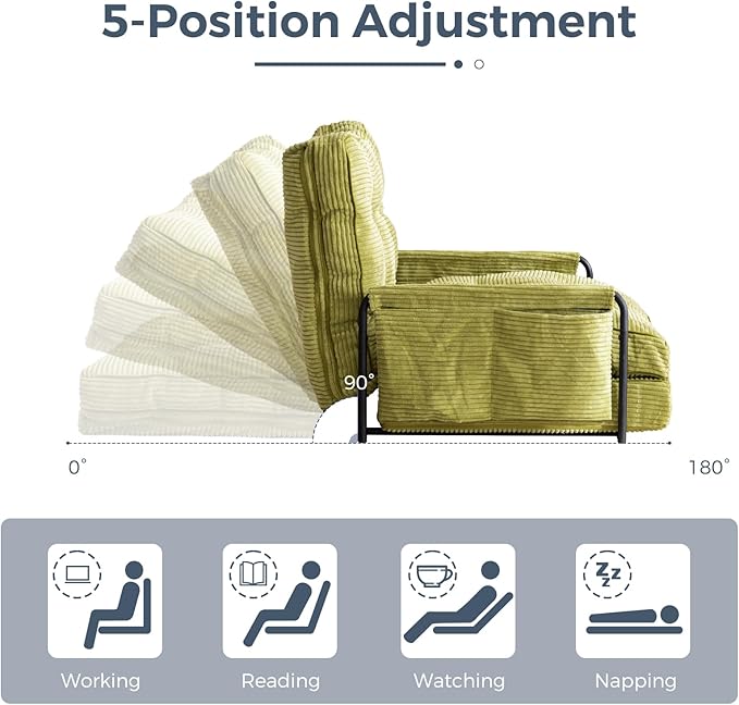 MAXYOYO Adjustable Floor Sofa Couch with Pillow Multi-Functional Bean Bag Bed 5-Position Foldable Lazy Sofa Sleeper Bed with Armrest Versatile Floor Seating for Reading Gaming Green Single
