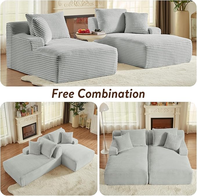 Oversized Double Chaise Lounge Chair IndoorWide Corduroy Boneless Chaise Lounges SofaComfy Upholstered Cloud Couch No Assembly Required Loveseat Sleeper Chair Bed for Living Room(Light Grey)