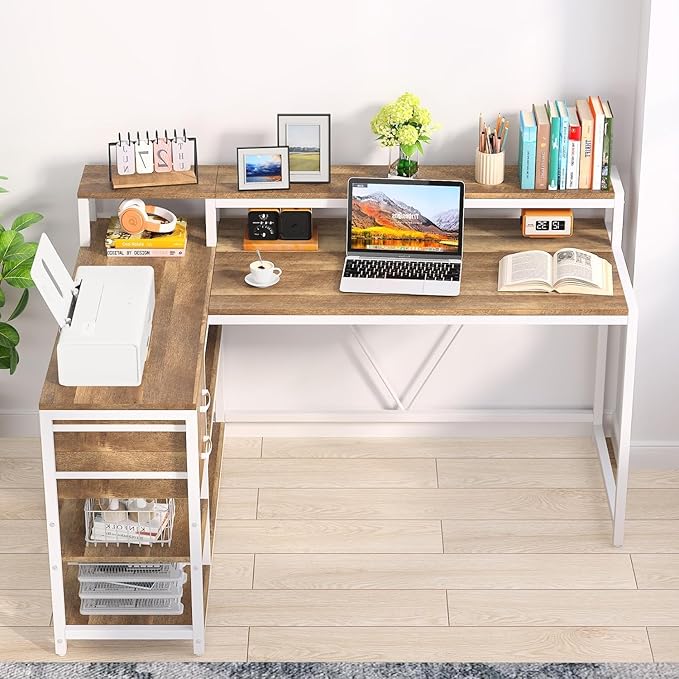 47'' L Shaped Gaming Desk with Power Outlets Reversible Corner Computer Desk with Monitor Stand Storage Shelves Side Bag Home Office Desks for Home Office Gaming (White+Brown 55 Inch)