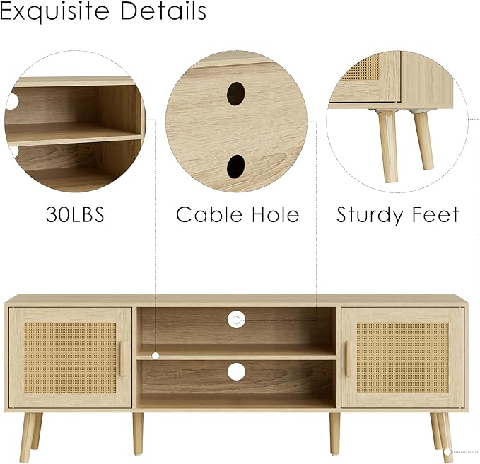 TV Stand for 55-65inch TV Rattan Entertainment Center with Soft Hinge DoorTV Console Table with 2 Cabinets with Gold Handle and Feetfor Living Room Bedroom Natural