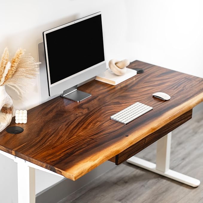 Standing Desk with Drawer – Walnut Solid Wood Desk Natural Live Edge Adjustable Height Dual Motor Sit Stand for Home Office (White W48 x D27)